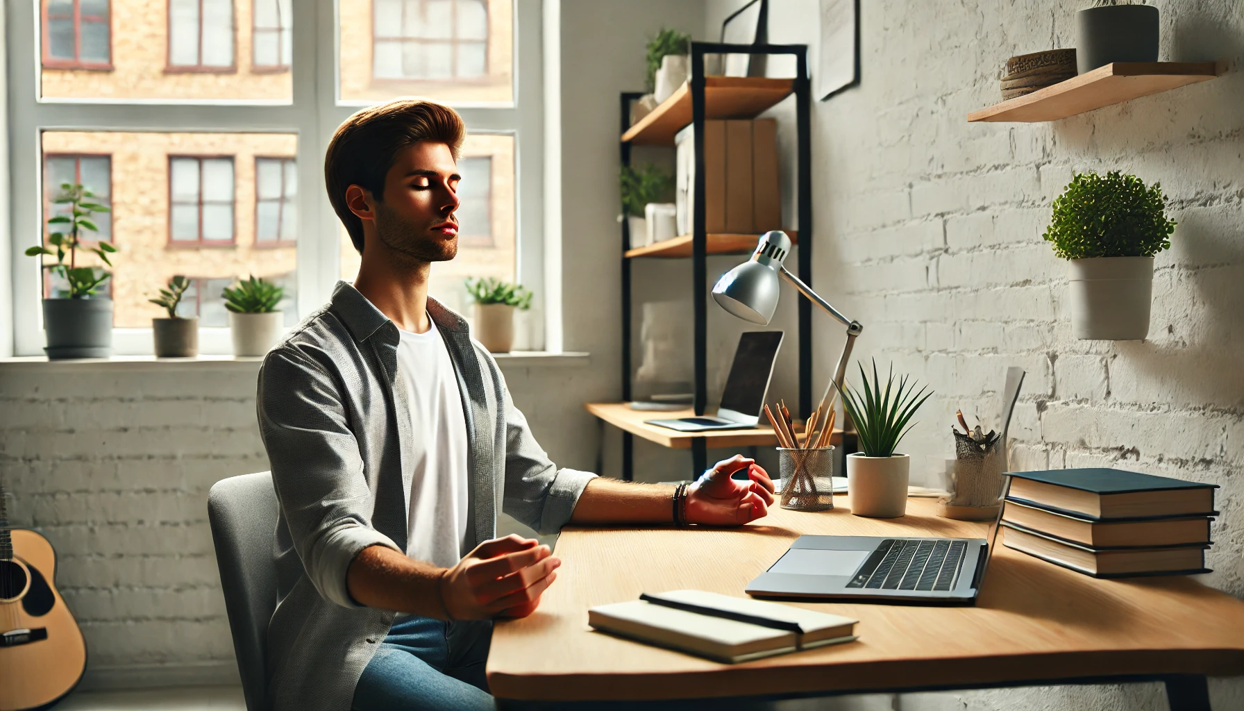 Una persona che pratica mindfulness mentre lavora da casa per migliorare la produttività.